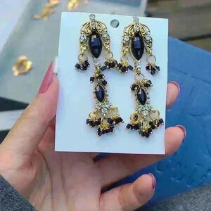 Vintage Gold-toned black stone and clear rhinestones earrings